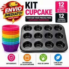 Forma de Cupcake 12 Cavidades Antiaderente + 12 Forminhas de Silicone Reutilizáveis