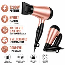 Secador de Cabelo Portatil Bivolt 1200W Compacto Dobravel com Ar Frio, 2 Velocidades