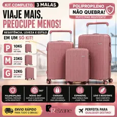 Kit 3 Malas de Viagem Polipropileno 10kg + 23kg + 32kg Rodas 360° Cadeado Expansível Resistente