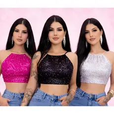 Cropped Paetê Frente Única Com Amarração Moda Gringa Festa Luxo Varias Cores