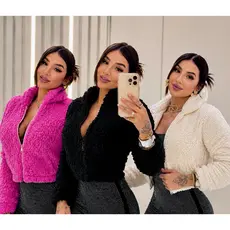 Casaco De Pelo Teddy Feminino Inverno Quentinha Com Fecho Zíper Elegante