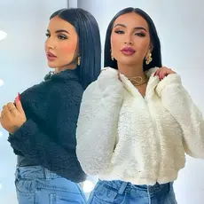Casaco Teddy Feminino Inverno Com Zíper Pelo Sintético Quentinho Pelinho Frio Jaqueta Curta Elegante