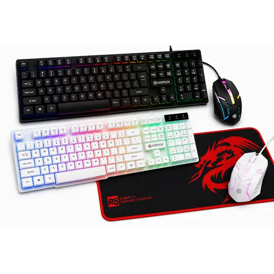 Kit Gamer RGB USB Teclado e Mouse Branco ou Preto com Mouse Pad Dragon Grande para PC Notebook
