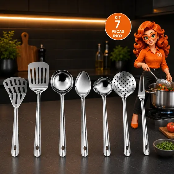 Kit 7 Utensílios de Cozinha Inox Estilo Italiano 33cm 1.00mm com Espátula, Conchas, Escumadeira, Garfo ,Amassador