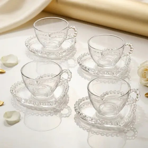 Conjunto 4 Xícaras de Cristal Pearl com Pires de Coração 180ml - Wolff