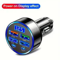 Carregador veicular turbo 6 portas USB Tipo C Display com voltagem