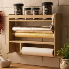 Porta tempero cozinha organizador condimentos 3 em 1 suporte papel toalha aluminio filme madeira  MDF decorativo parede
