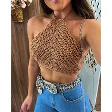 Top de Crochê Feminino com Modelagem Triângulo e Amarração