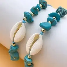 Tornozeleira/ pulseira de pedras naturais e conchas azuis kit com 2