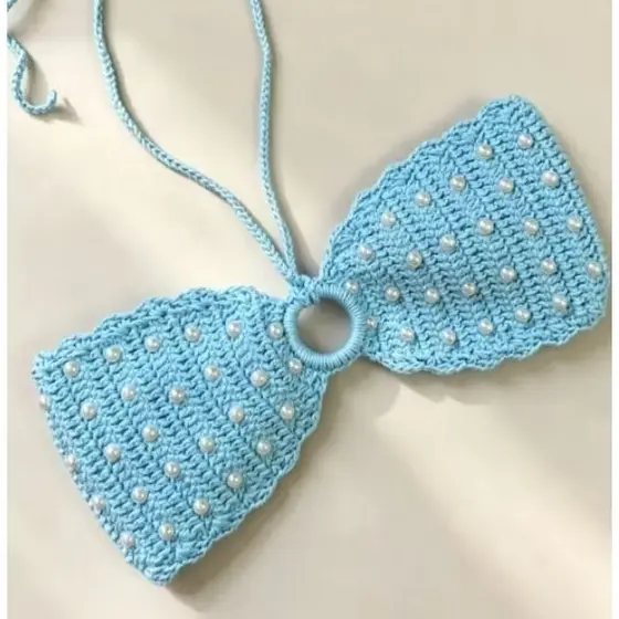 Cropped com pérolas- Top faixa de croche ajustável nas costas
