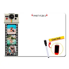 Quadro Lousa Magnética com Foto Personalizado Tirinha Camera Retro - Imã de Geladeira c/ Caneta Escreve e Apaga