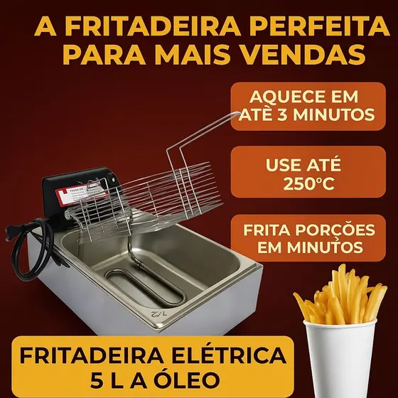 Fritadeira Elétrica 5 Litros 1 Cuba Profissional Aço Inox 110V 220V