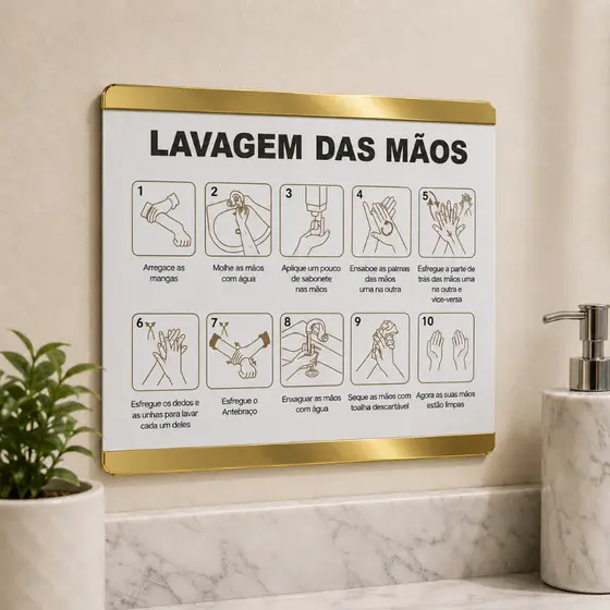 Placa De Sinalização interna Lavagem De Mãos 14x17 Mdf E Acrílico