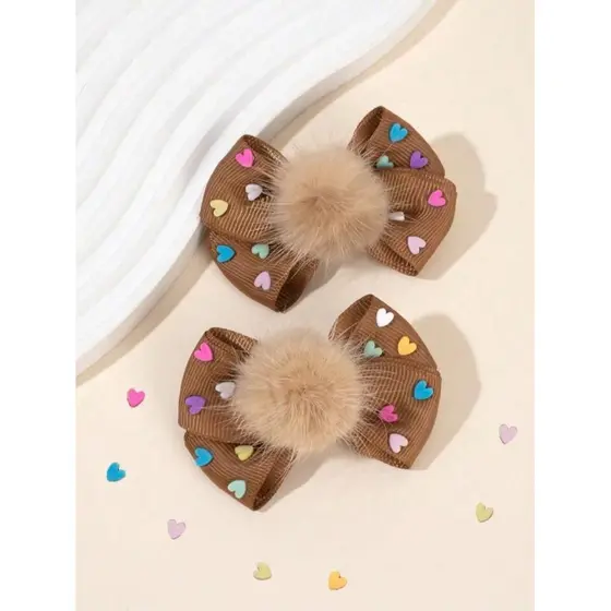 2 Peças de Cabelo com Pompom Marrom para Meninas de Mini Coração