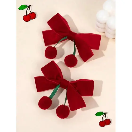 2 Peças Laços de Cabelo em Forma de Cereja em Veludo Vermelho para Meninas
