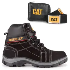 Kit Bota Caterpillar Masculina Original Couro Preto + Carteira e Cinto palmilha a Gel Confortável .