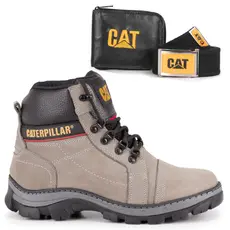 Kit Bota Caterpillar Masculina Original Couro Cinza + Carteira e Cinto palmilha a Gel Confortável .