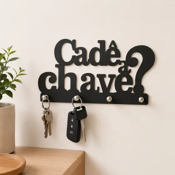 Porta Chaves Cadê a Chave Decorativo de Parede em MDF 3mm Preto Fosco