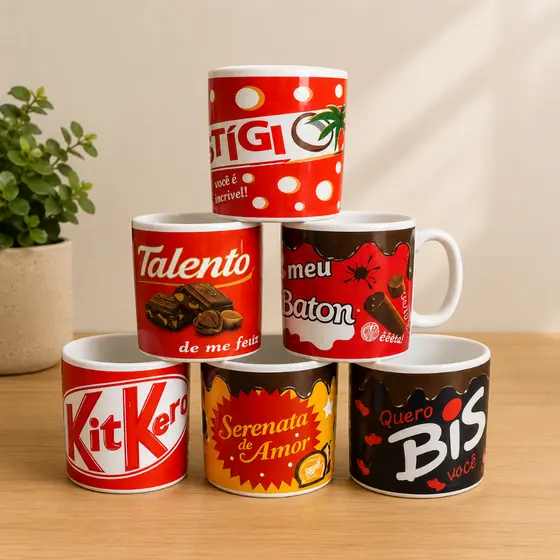 Kit 6 Caneca de Café 300ml Porcelana Decorada Dia dos Namorados Chocolate Presente