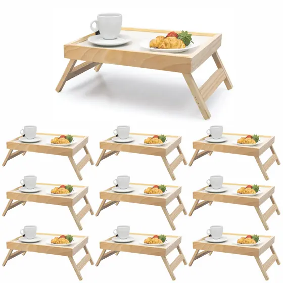Kit 10 Bandeja Café da Manhã Madeira Pinus Pé Dobrável