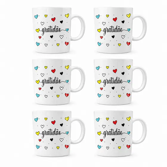 Kit 6 Caneca de Porcelana 300ml Xicara com Palavras Fé, Gratidão, Felicidade, Amor, Paz e Família