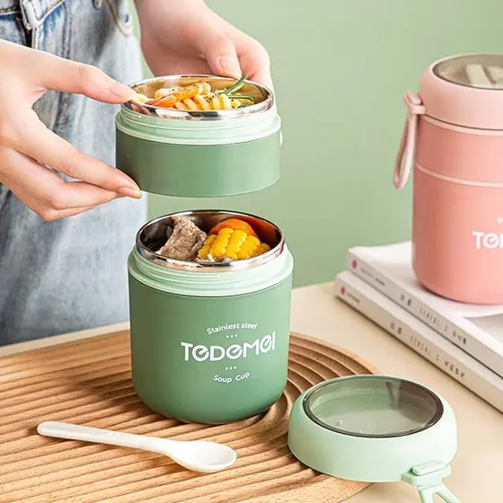 Marmita Infantil Adulto Pote Térmico Hermético Até 710ml Alimentos Parede Dupla Inox Alça Colher