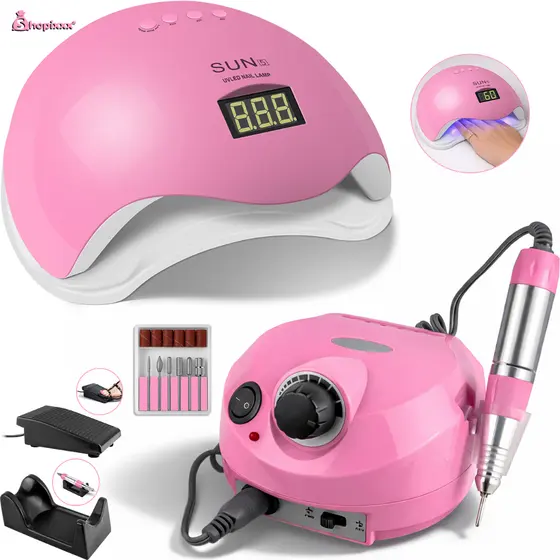 Kit Manicure Cabine Sun 5 LE UV 48w de Unhas Gel Acrigel Porcelana + Motor Porquinho Lixadeira Elétrica Profissional