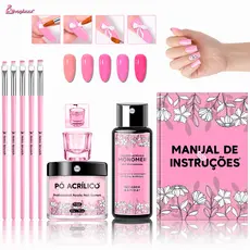 Kit Alongamento de Unhas Manicure Monomer Acrylic Liquid + Pó Acrílico + 5 Pincéis + Copo Dappen