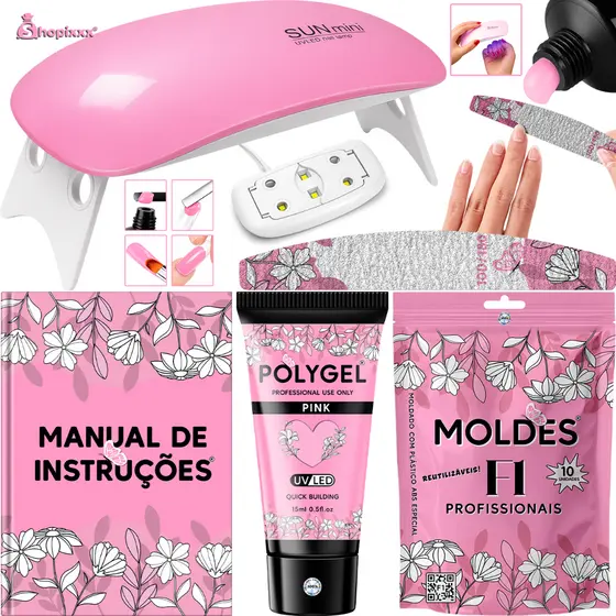 Kit Alongamento Poligel Polygel + Molde F1 + Lixa + Cabine Sun Mini Poly Gel