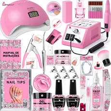 Kit Unha Gel Completo Lixadeira Elétrica Cabine Sun 5 Alongamento Unhas Tips Copo Dappen Fibra Prep