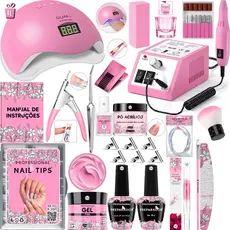 Kit Unha Gel Completo Lixadeira Elétrica Cabine Sun 5 Alongamento Unhas Tips Copo Dappen Fibra