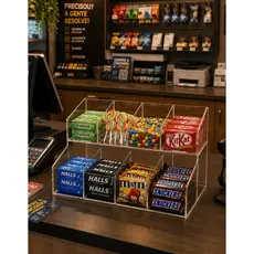 Expositor Para Balas Doces Guloseimas Acrílico 2 Andares 8 Divisórias Baleiro Organizador Balcão Loja Mercado