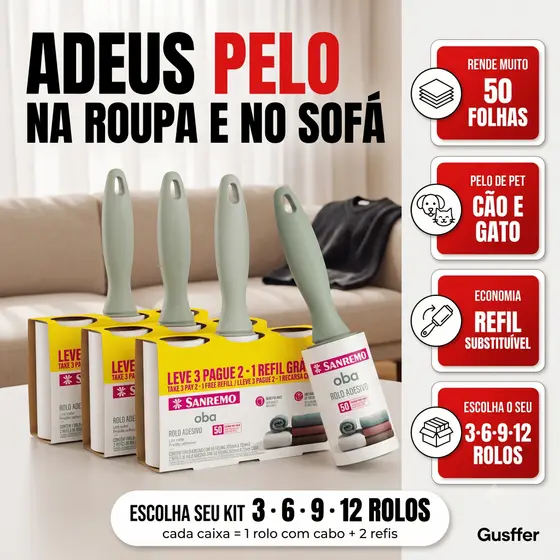 Kit Rolo Tira Pelo Adesivo de Roupas Cama Sofa Pet Fiapos Refil Poeira Sanremo