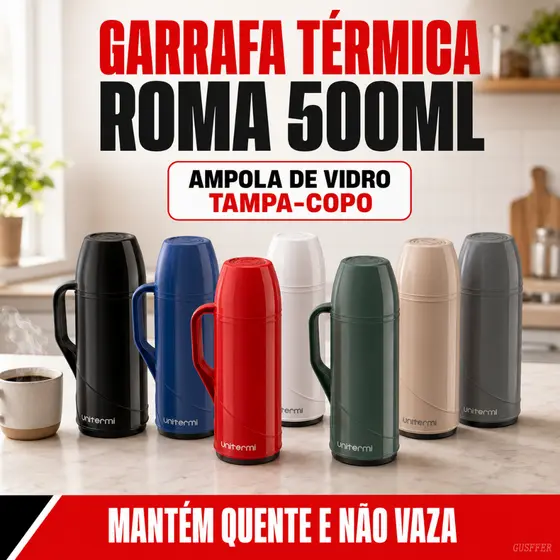 Garrafa Térmica Roma 500ml Unitermi Tampa Copo Anti-Gota Ampola de Vidro Café Chá Água Leite Mesa