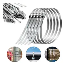 Kit 100 Abraçadeira Aço Inox Metal Zip Tie 20cm Enforca Gato Prateado