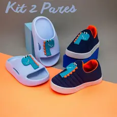 Kit Menino Tênis Calce Fácil Chinelo Nuvem Slide Dino Infantil Confortável Escolar Casual Pomoção