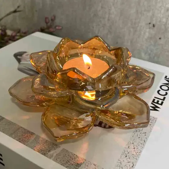 Castiçal Ambar + Vela Porta Vela Flor De Lotus Vidro Enfeite Natal Decoração Mesa Posta Casamento