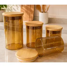 Kit 4 Potes de Vidro Ambar Porta Mantimentos Cozinha Temperos Tampa De Bambu Decorativo Louça Luxo
