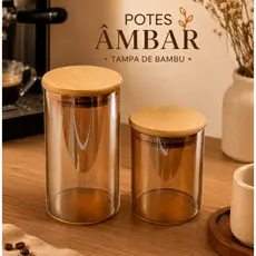 Potes de Vidro Ambar Kit 2 Porta Mantimentos Tampa De Bambu Decorativo Louça Luxo Cozinha Decoração