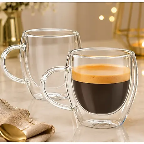 Caneca Xicara Copo Parede Dupla 250 ml Vidro Café Leite Inverno Verão Chá Cozinha Luxo Borossilicato