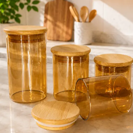 Pote de Vidro Ambar Tampa De Bambu Porta Mantimento Decorativo Cozinha Decor Luxo Café Organizador