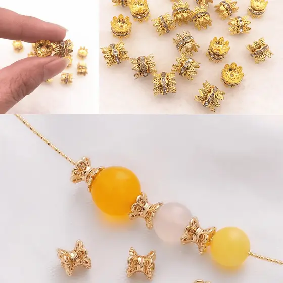 Espaçador Separador Dourado 10peças Latão Duplo Flor com Aplicação de pedras para Pulseira Acessório Jóia Qualidade DIY