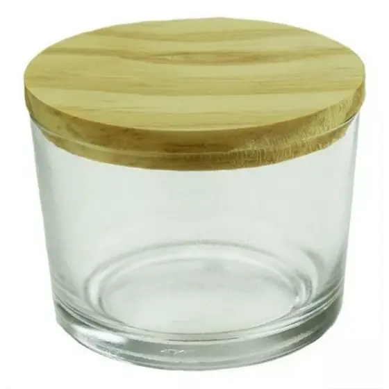 5-copos pate de vidro 150ml c/tampa madeira encaixe p/vela