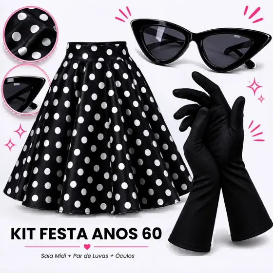 Kit Completo para Fantasia Festa Anos 60/70/80 Saia de Bolinhas Oculos Luvas Vintage Retro