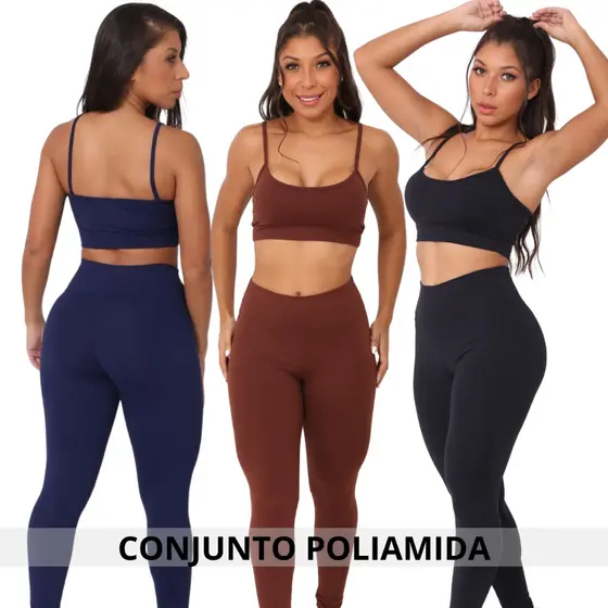 Conjunto Feminino Poliamida Fitness Academia Top Alcinha Com Bojo Calça Legging Cintura Alta