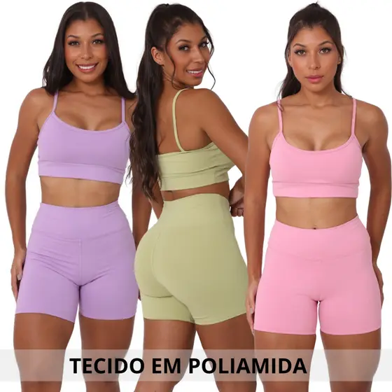 Conjunto Feminino Poliamida Fitness Academia Top Alcinha Com Bojo Short Empina Bumbum Cintura Alta