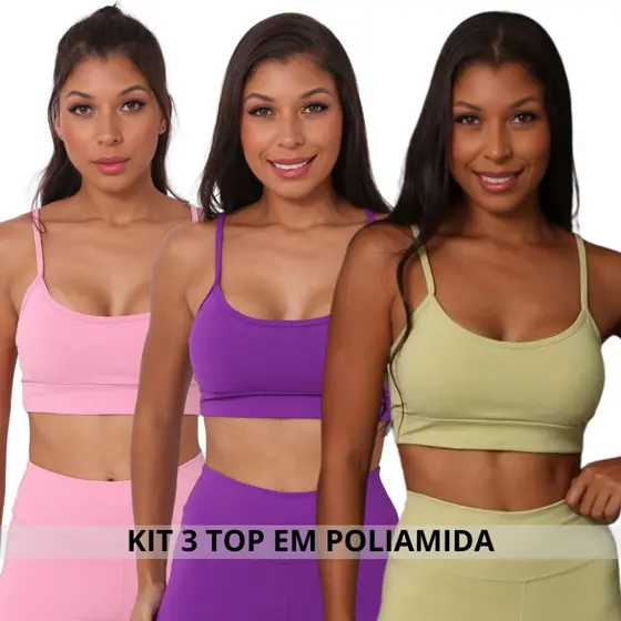 Kit 3 Sutiã ATACADO Top Esportivo Poliamida Com Bojo Alcinha Alta Sustentação Para Treinos Corrida Dia a Dia