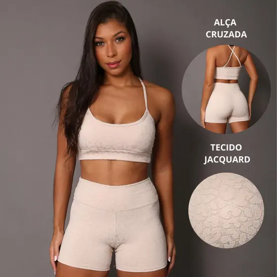 Conjunto Feminino Fitness Onça - Short Legging Jacquard poliamida Cintura Alta Top Alcinha Academia