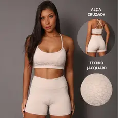Conjunto Feminino Fitness Onça - Short Legging Jacquard poliamida Cintura Alta Top Alcinha Academia