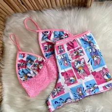 Conjunto Bady Doll Personagens Estampado Roupa de Dormir Conforto Pijama Com Detalhe de Renda